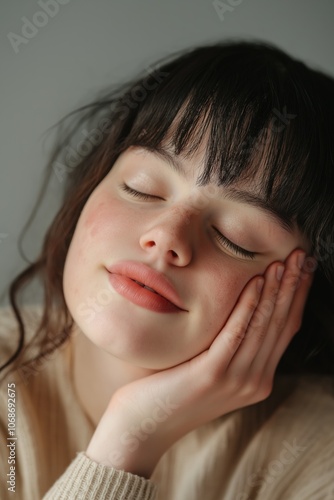 A woman with long hair is resting her head on her hand. She has a smile on her face and her eyes are closed