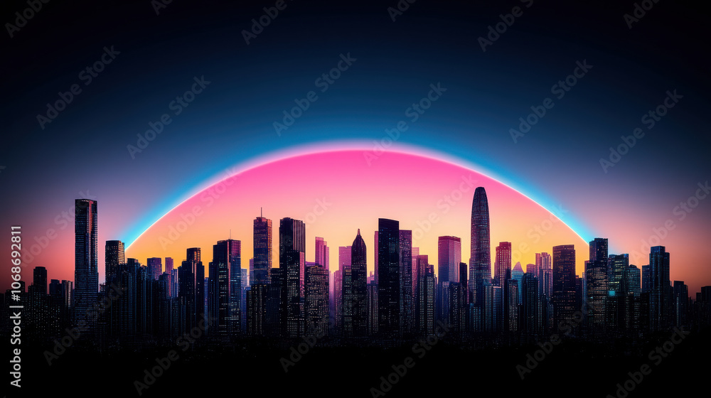vibrant city skyline under colorful gradient sky at dusk vibrant city skyline under colorful gradient sky at dusk