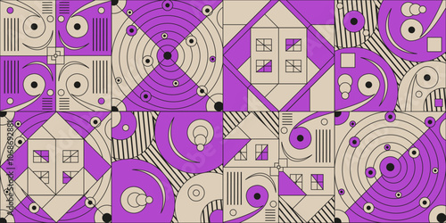 Pink doll Geometric horizontal background with Organic geometry shapes. Trendy Neo Brutalism background. Swiss style Minimal vector illustration can used web discord banner and wall decor. EPS 10