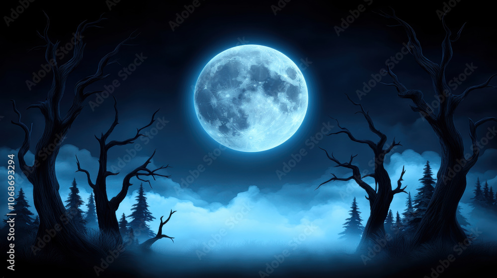 mystical forest under glowing full moon, surrounded by fog mystical forest under glowing full moon, surrounded by fog