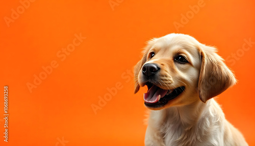 Portrait of a cute excited, healthy dog with shiny fur against a studio background