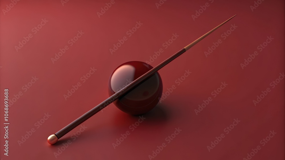 A wooden stick with a golden tip resting on a maroon sphere against a maroon background. A wooden stick with a golden tip resting on a maroon sphere against a maroon background.