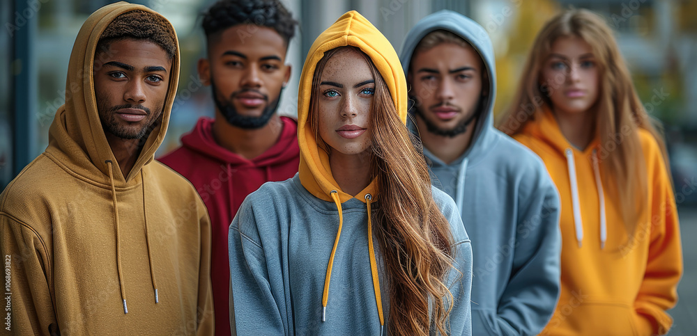 Diverse group of people (ages 18-50) wearing stylish hoodies, set in an urban, natural light, casual and friendly atmosphere, group standing or interacting casually. Diverse group of people (ages 18-50) wearing stylish hoodies, set in an urban, natural light, casual and friendly atmosphere, group standing or interacting casually.