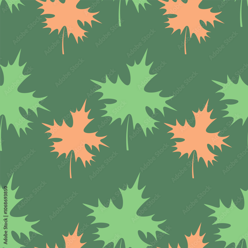 Maple leaf. Repeating vector pattern. Flat style. Isolated green background. Continuous ornament of orange and green leaves. The shape of the leaf is crown-shaped. Idea for web design. Maple leaf. Repeating vector pattern. Flat style. Isolated green background. Continuous ornament of orange and green leaves. The shape of the leaf is crown-shaped. Idea for web design.