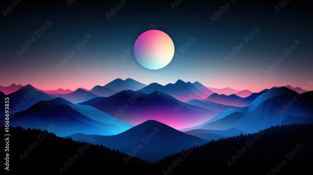 vibrant landscape featuring mountains under colorful moon, evoking tranquility vibrant landscape featuring mountains under colorful moon, evoking tranquility