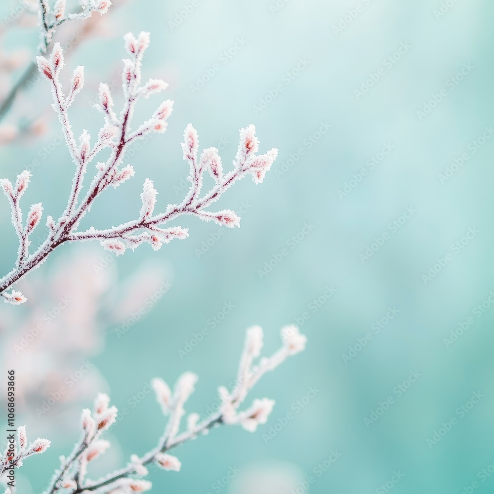 A delicate frost-covered branch with soft pink buds against a serene bluish background. A delicate frost-covered branch with soft pink buds against a serene bluish background.