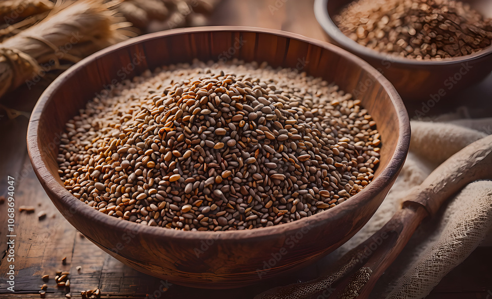 A bowl of brown grains with a spoon next to it A bowl of brown grains with a spoon next to it