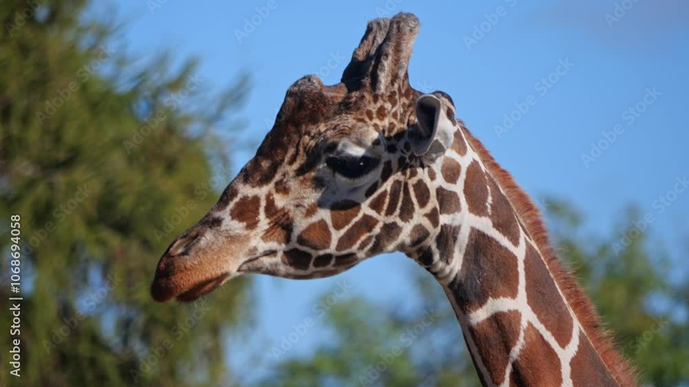 Giraffes move calmly, feeding from special hay feeders. The sandy terrain has a few grassy patches, dry branches, and small hills. Filmed in slow motion on a sunny day. Giraffes move calmly, feeding from special hay feeders. The sandy terrain has a few grassy patches, dry branches, and small hills. Filmed in slow motion on a sunny day.