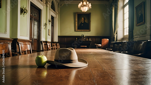 quite, grand hall with an apple and a worn hat on the table