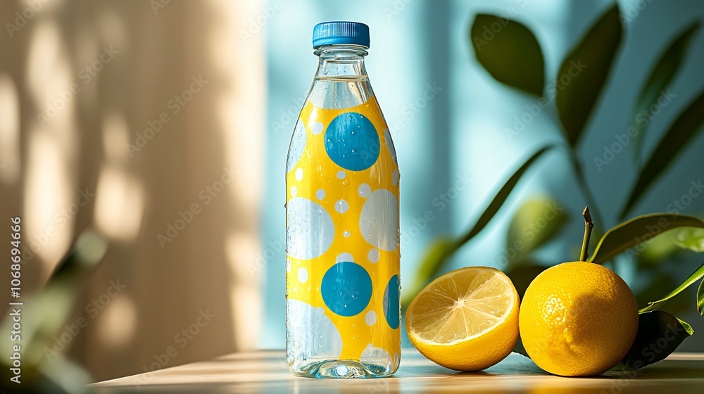 Bottle of water with a yellow and blue polka dot design sits on a table next to a lemon. brand identity mood board for a Energy Water brand, greek pop art influenced
Bottle of water with a yellow and blue polka dot design sits on a table next to a lemon. brand identity mood board for a Energy Water brand, greek pop art influenced
