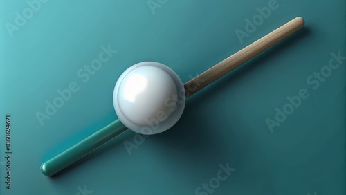 A White Sphere and a Wooden Stick on a Teal Background