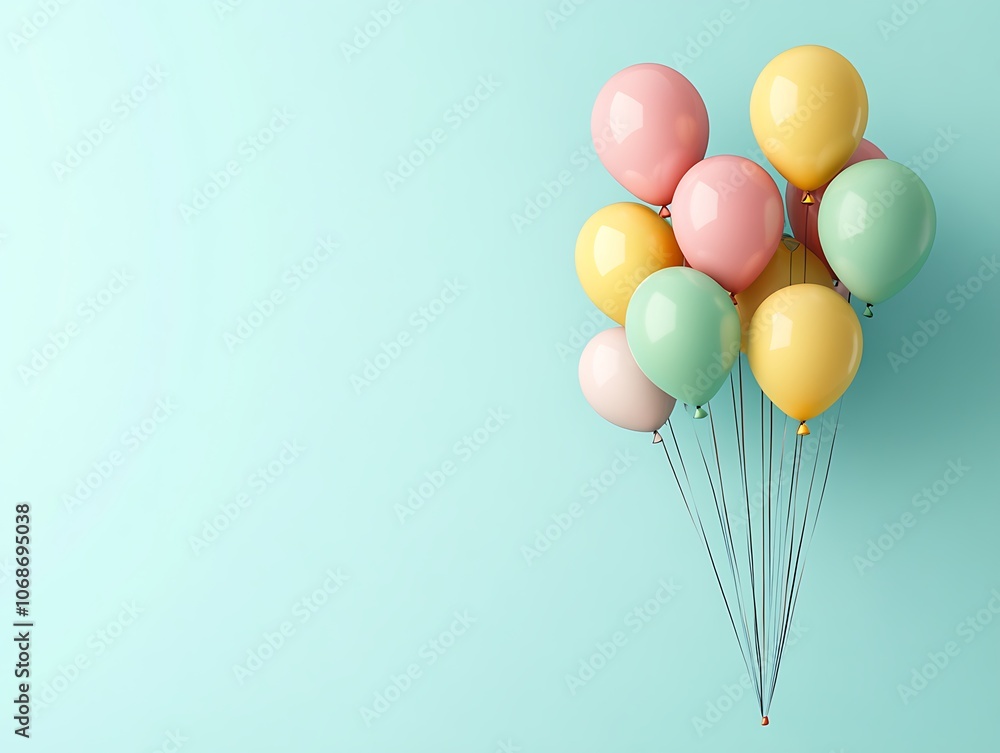 A cluster of pastel-colored balloons on a turquoise background. A cluster of pastel-colored balloons on a turquoise background.