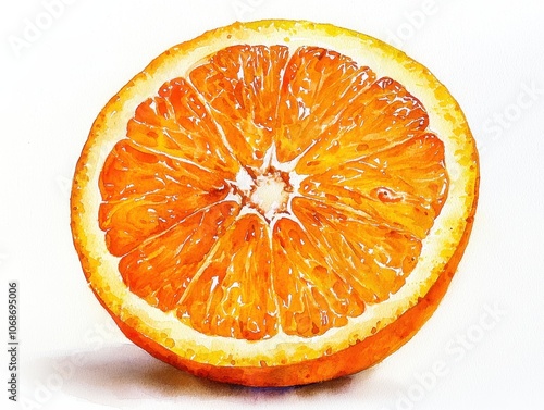 Watercolor illustration of a vibrant orange slice with detailed textures, showcasing freshness, citrus flavor, and artistic food representation.