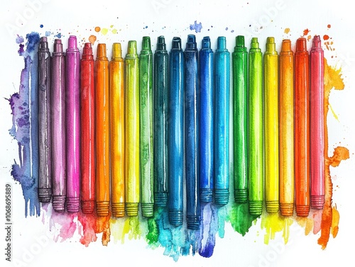 Watercolor illustration of vibrant marker pens in a rainbow array, symbolizing creativity, art supplies, and colorful expression.