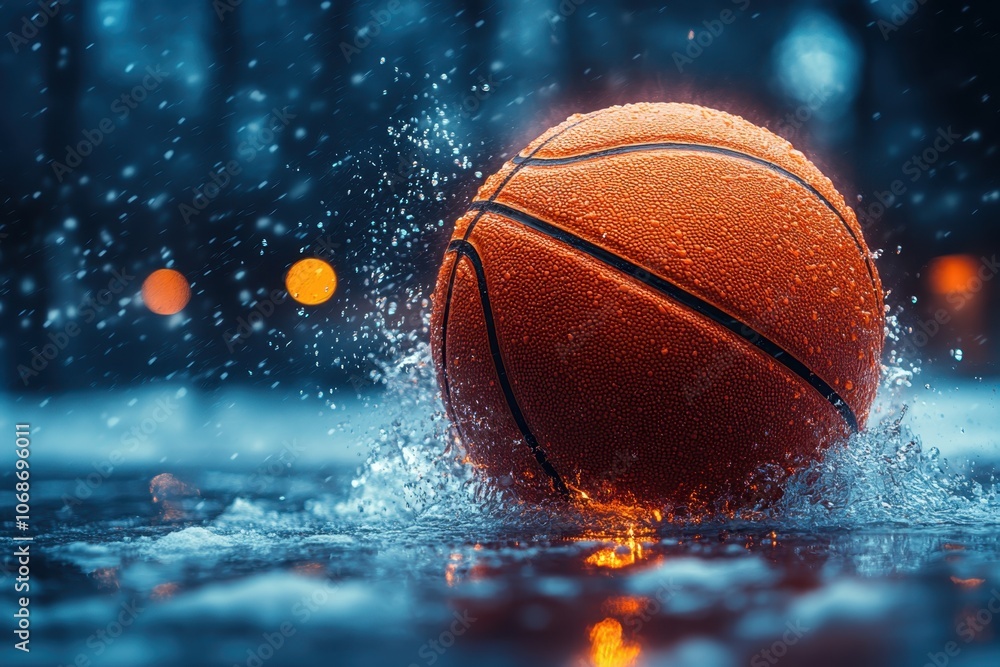 A basketball splashes through puddles during a rainy evening in the city park's court A basketball splashes through puddles during a rainy evening in the city park's court