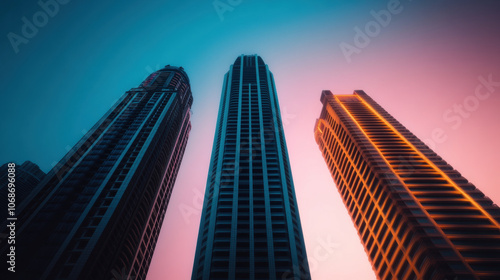 Urban skyline with towering skyscrapers against vibrant sunset