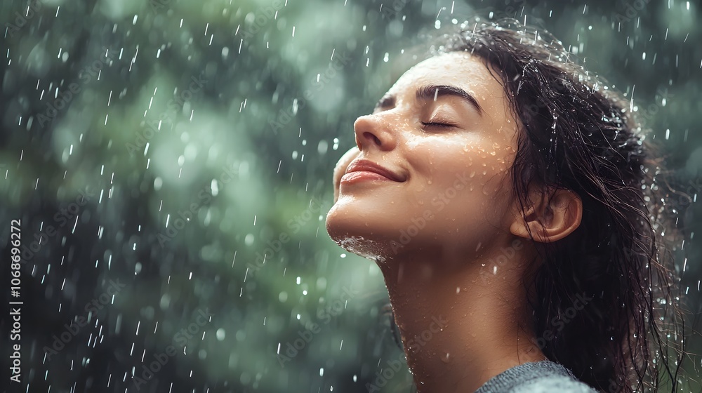 Obraz premium Woman Embracing the Rain with a Peaceful Smile Symbolizing Serenity and Emotional Renewal