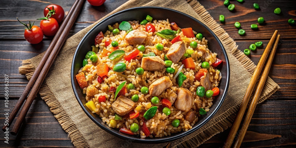 A chicken and vegetable fried rice bowl, showcasing Asian cuisine perfection. A chicken and vegetable fried rice bowl, showcasing Asian cuisine perfection.
