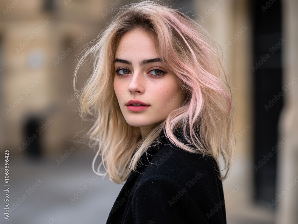 Portrait of Young Woman with Caramel Blonde Hair and Bold Pink Streak Portrait of Young Woman with Caramel Blonde Hair and Bold Pink Streak