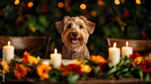 A charming dog in a customfit wedding suit, standing proudly on a wedding reception table adorned with candles and flowers, high resolution 8K photo