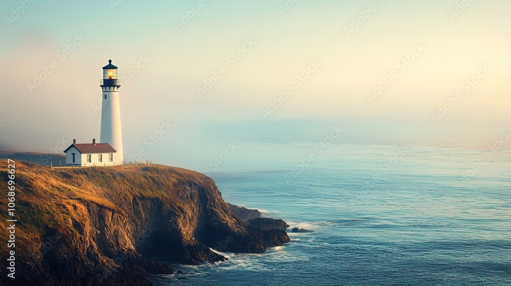 Fototapeta premium Serene lighthouse on cliff at sunset.