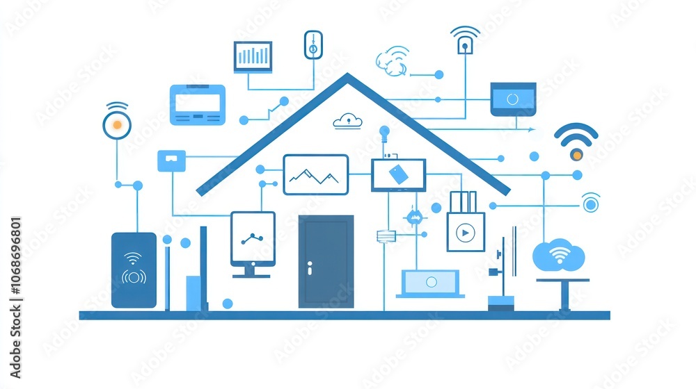 Illustration of a smart home with connected devices and internet of things. Illustration of a smart home with connected devices and internet of things.