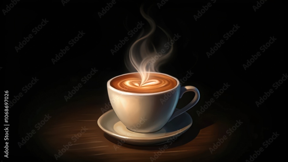 Steaming Cup of Coffee with Heart Design on a Wooden Surface Steaming Cup of Coffee with Heart Design on a Wooden Surface
