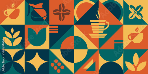 Pattern with coffee and tea theme in minimalistic style. Geometric illustration with flat colors. Print with abstract shapes for coffee shop, teahouse, food package, café wall, menu, background.
