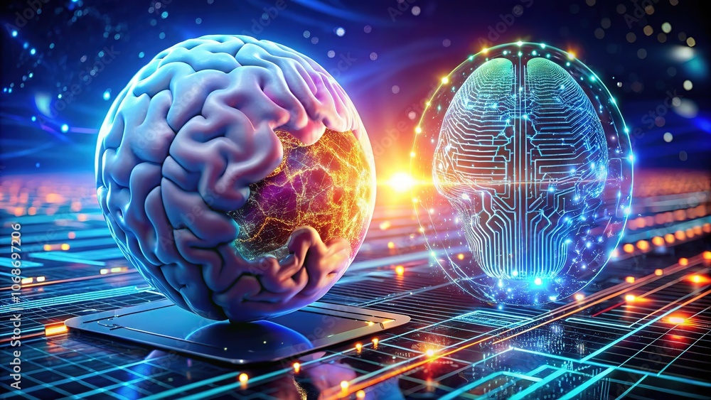 AI Human Interaction, Panoramic Brain Chip, Binary Code, Globe AI Human Interaction, Panoramic Brain Chip, Binary Code, Globe