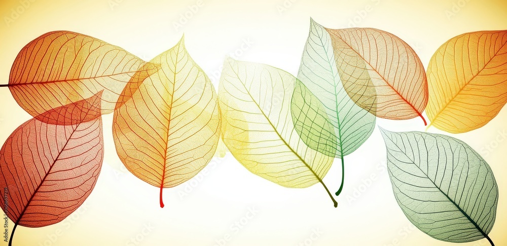 Obraz premium Colorful translucent leaves arranged in a row on a light background.