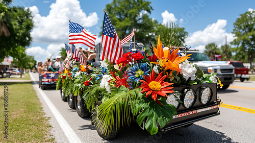 Honor veterans day with a colorful parade float decorated with flags photo