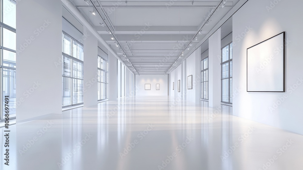 Fototapeta premium A spacious, modern art gallery featuring white walls, large windows, and polished floors, designed for showcasing artwork in a bright environment.