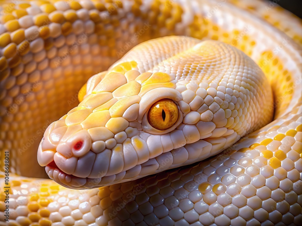 A majestic, all-white Burmese python, a rare beauty, unveiled in portrait. A majestic, all-white Burmese python, a rare beauty, unveiled in portrait.