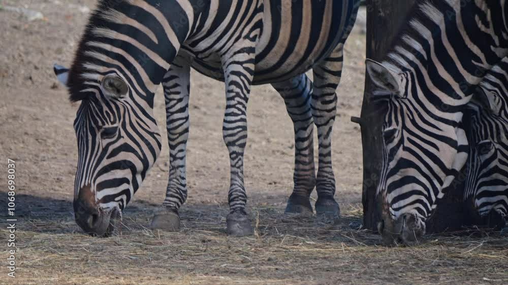 Zebras lazily roam the sandy enclosure, feeding from hay in feeders. The terrain features some grassy patches, dry tree limbs, and small hills. Filmed in slow motion. Zebras lazily roam the sandy enclosure, feeding from hay in feeders. The terrain features some grassy patches, dry tree limbs, and small hills. Filmed in slow motion.