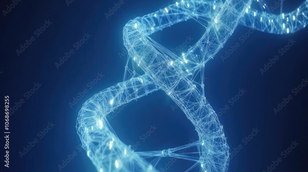 A glowing 3D polygonal wireframe DNA molecule helix against a striking blue background, representing the future of genetics, chemistry, and biotechnology A glowing 3D polygonal wireframe DNA molecule helix against a striking blue background, representing the future of genetics, chemistry, and biotechnology