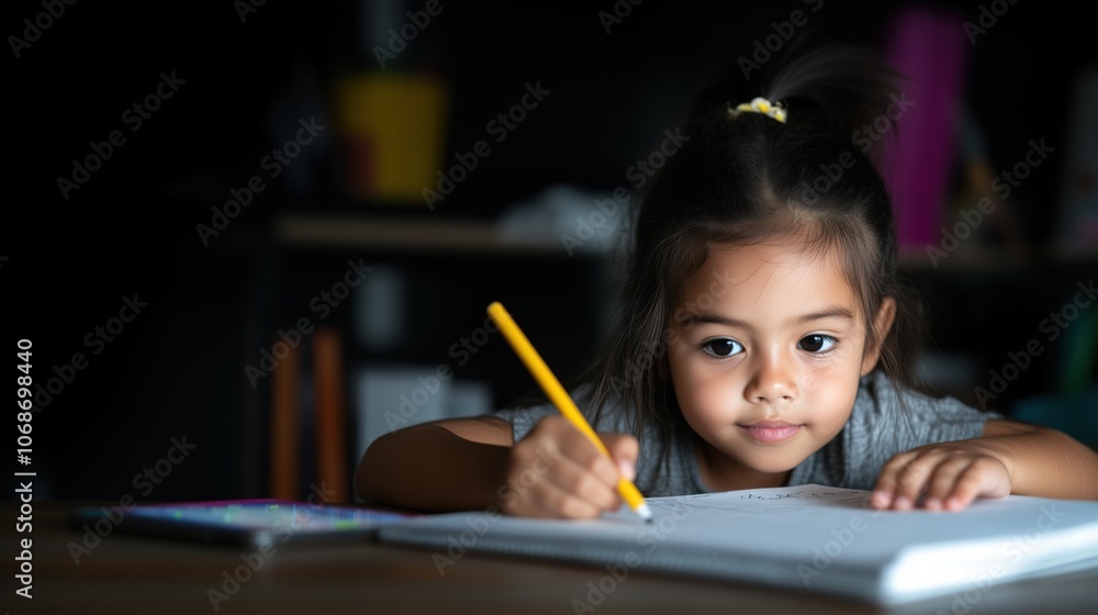 自宅の勉強机でノートに鉛筆で絵を描く少女 自宅の勉強机でノートに鉛筆で絵を描く少女