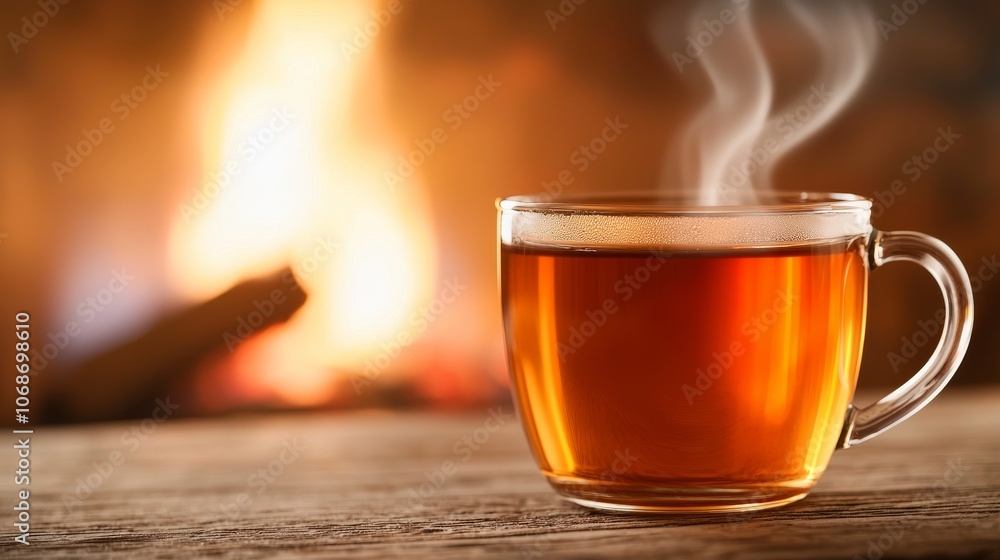 A steaming cup of tea sits on a wooden table, with a warm fireplace glowing in the background, creating a cozy atmosphere. A steaming cup of tea sits on a wooden table, with a warm fireplace glowing in the background, creating a cozy atmosphere.