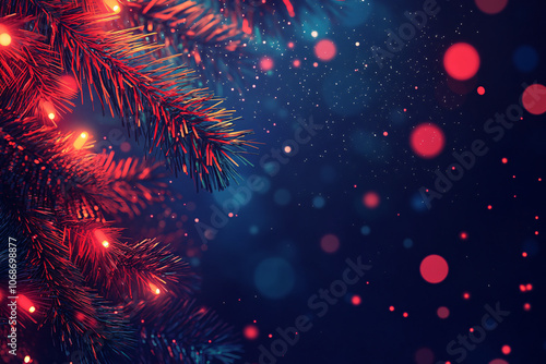 Wallpaper Mural A festive scene with blue-toned pine branches and red bokeh lights against a dark background creating a magical holiday ambiance
 Torontodigital.ca