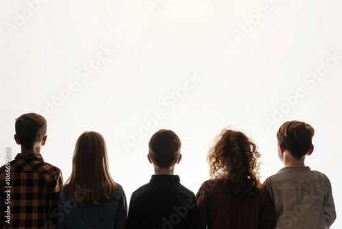 Silhouette of a group of people viewed from behind against a white background