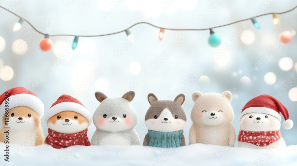 Adorable plush animals in winter attire bring festive cheer under twinkling lights, AI