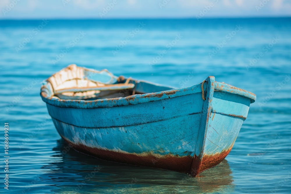 A weathered blue boat floats gently on calm, clear waters, evoking thoughts of simplicity and peace. A weathered blue boat floats gently on calm, clear waters, evoking thoughts of simplicity and peace.