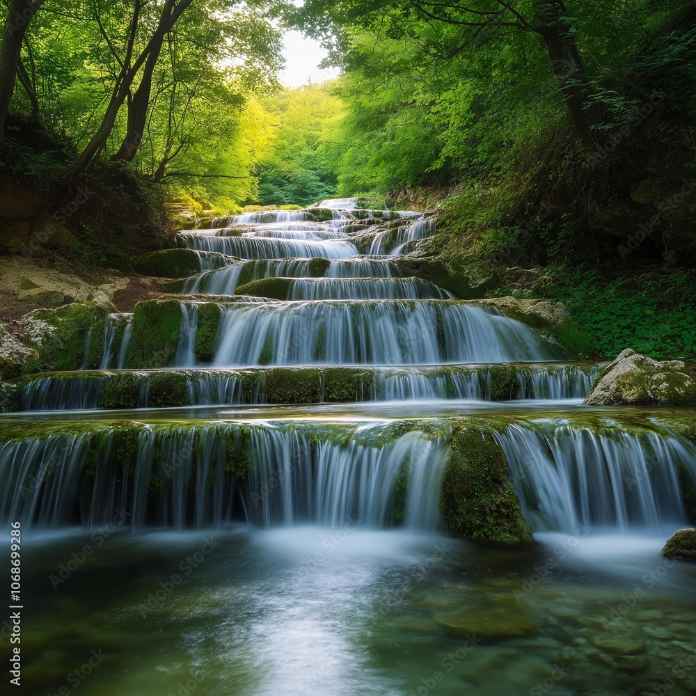 Tiered waterfall cascades over rocks surrounded by lush greenery misty atmosphere creates serene natural retreat jungle. Tiered waterfall cascades over rocks surrounded by lush greenery misty atmosphere creates serene natural retreat jungle.
