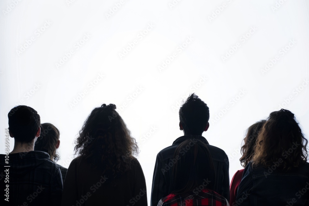 Silhouette of a group of people viewed from behind against a white background