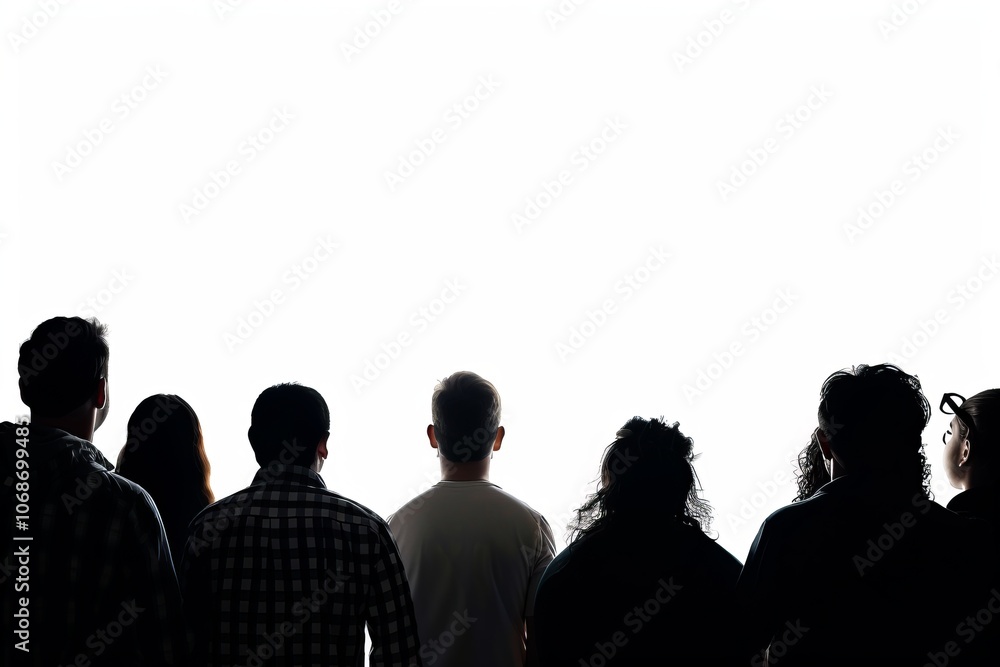 Silhouette of a group of people viewed from behind against a white background Silhouette of a group of people viewed from behind against a white background