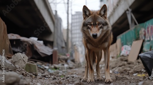 都会の野生動物：コンクリートジャングルを歩き回る雄大なオオカミ