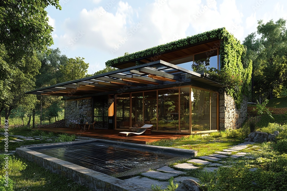 Modern house exterior with plants on the wall and swimming pool, eco friendly house Modern house exterior with plants on the wall and swimming pool, eco friendly house