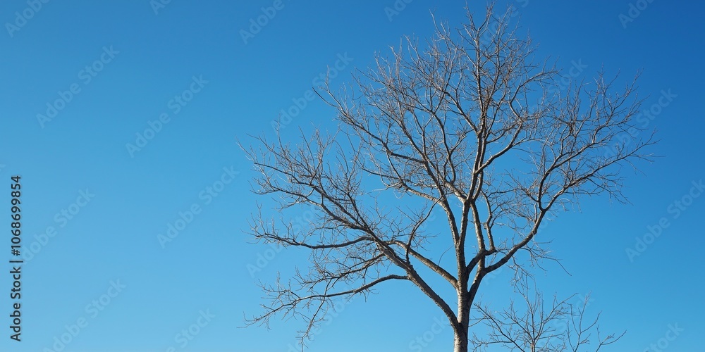 Lonely tree with bare branches stands against a clear blue sky, epitomizing solitude and the stark beauty of winter. Lonely tree with bare branches stands against a clear blue sky, epitomizing solitude and the stark beauty of winter.