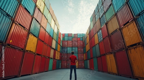 Back view of a logistics coordinator ensuring stock container in a brightly port