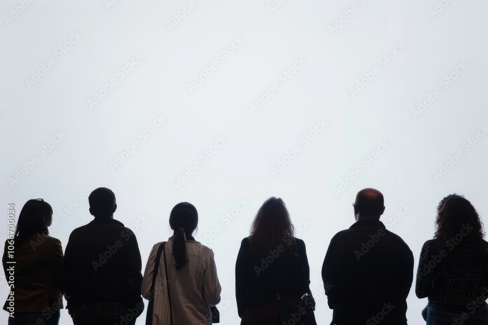 Silhouette of a group of people viewed from behind against a white background Silhouette of a group of people viewed from behind against a white background
