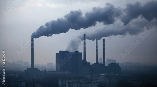 A wide shot of a power plant with huge chimneys emitting large amounts of smoke into a cloudy sky photo